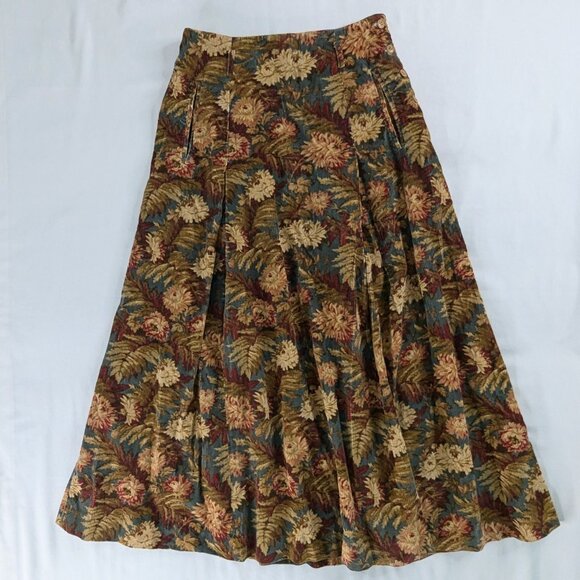 VTG Floral and Fern Corduroy Burgundy Green Side Button Maxi Skirt Folk Cottage - Picture 2 of 8